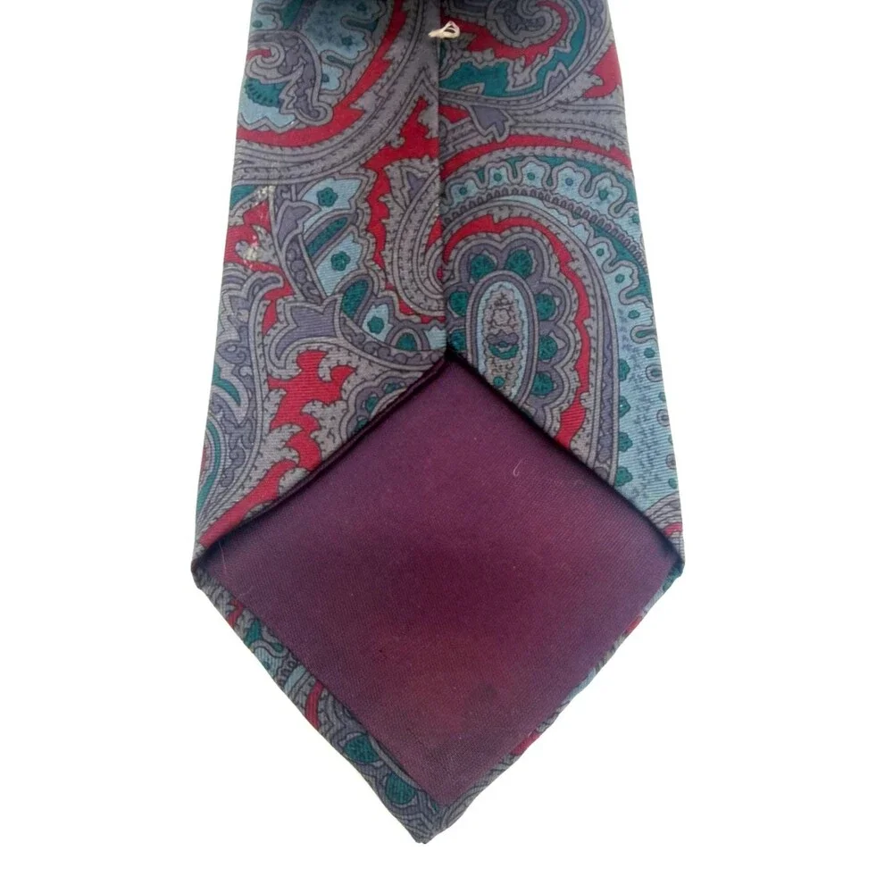 Kenneth Stevens Silk Tie Paisley Red Grey Teal Blue Made in USA Italian Fabric